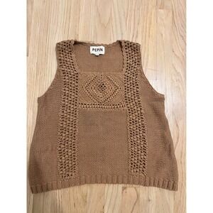 Pepin Womens Crochet Knit Sweater Vest Camel Brown Square Neck Size M Boho